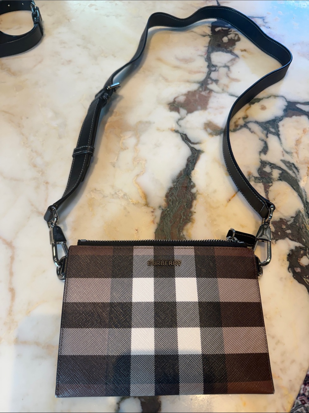 Burberry Black Brown White Plaid Crossbody Pouch